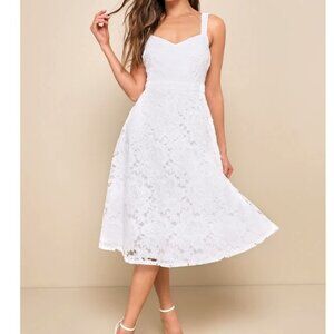 Divine Beauty White Lace Midi Dress With Pockets Size Medium NWOT